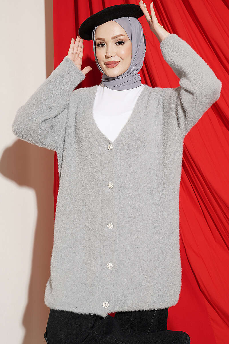 Long V-Neck Brushed Button Cardigan - Grey