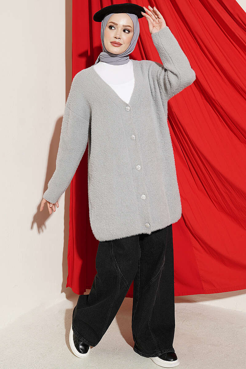 Long V-Neck Brushed Button Cardigan - Grey