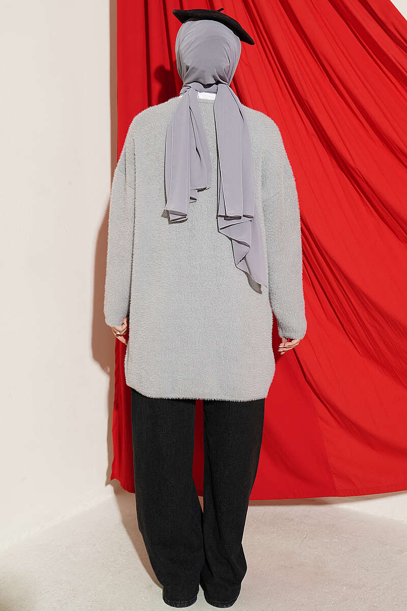 Long V-Neck Brushed Button Cardigan - Grey