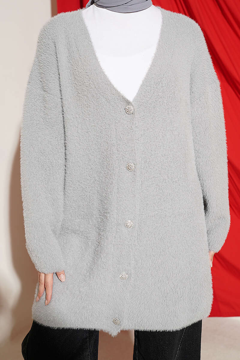 Long V-Neck Brushed Button Cardigan - Grey
