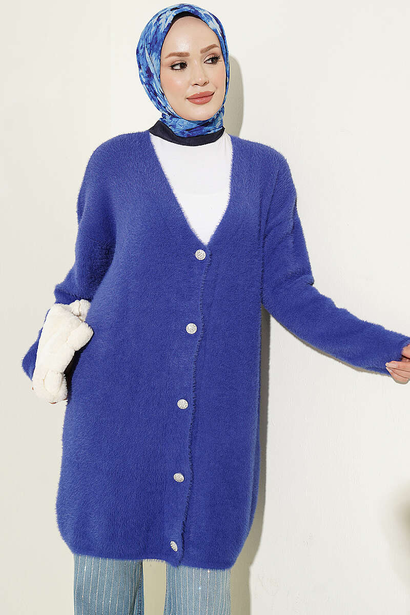 Long V-Neck Brushed Button Cardigan - Blue