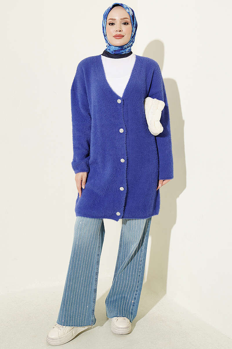 Long V-Neck Brushed Button Cardigan - Blue