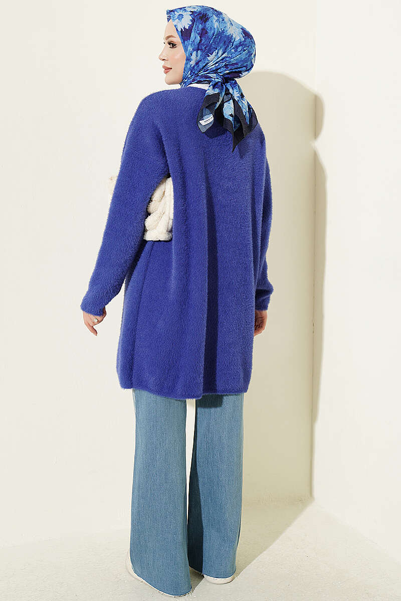 Long V-Neck Brushed Button Cardigan - Blue