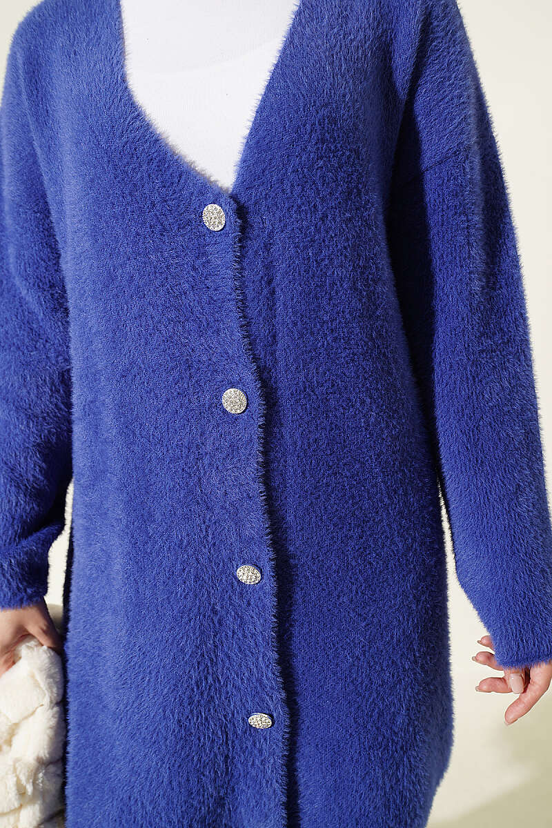 Long V-Neck Brushed Button Cardigan - Blue