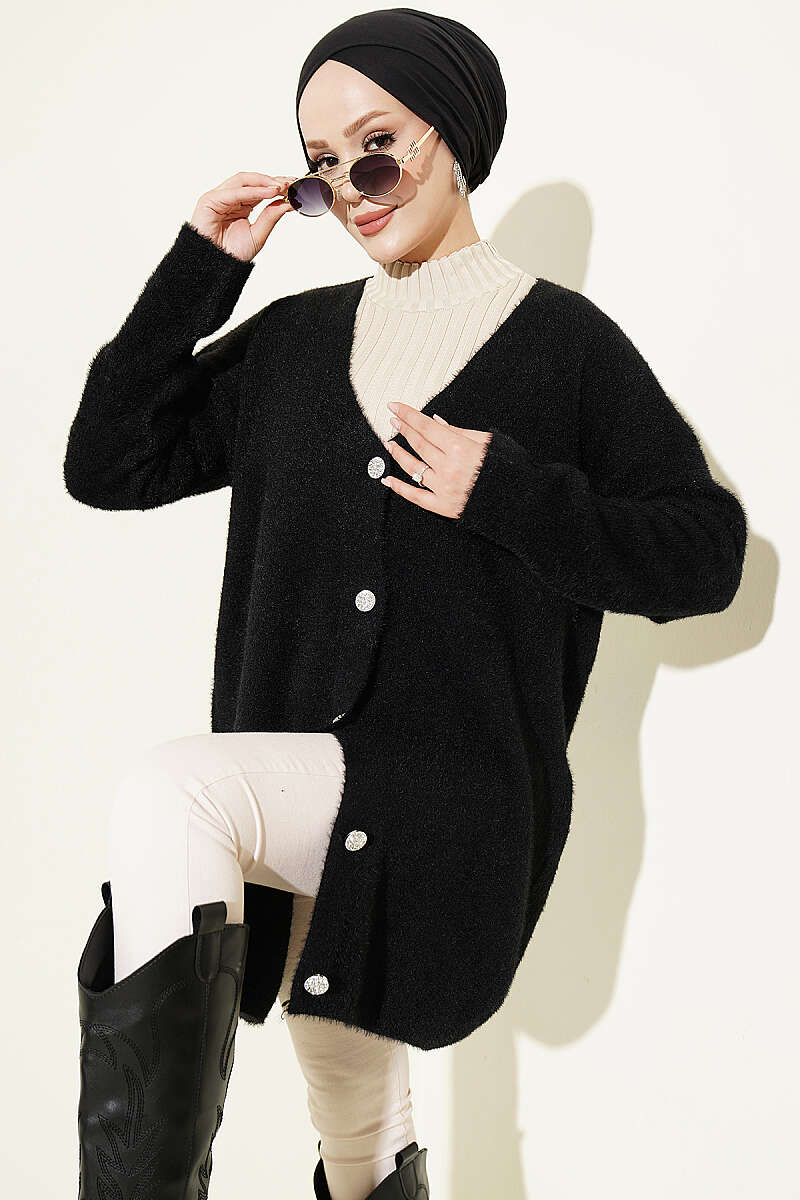 Long V-Neck Brushed Button Cardigan - Black