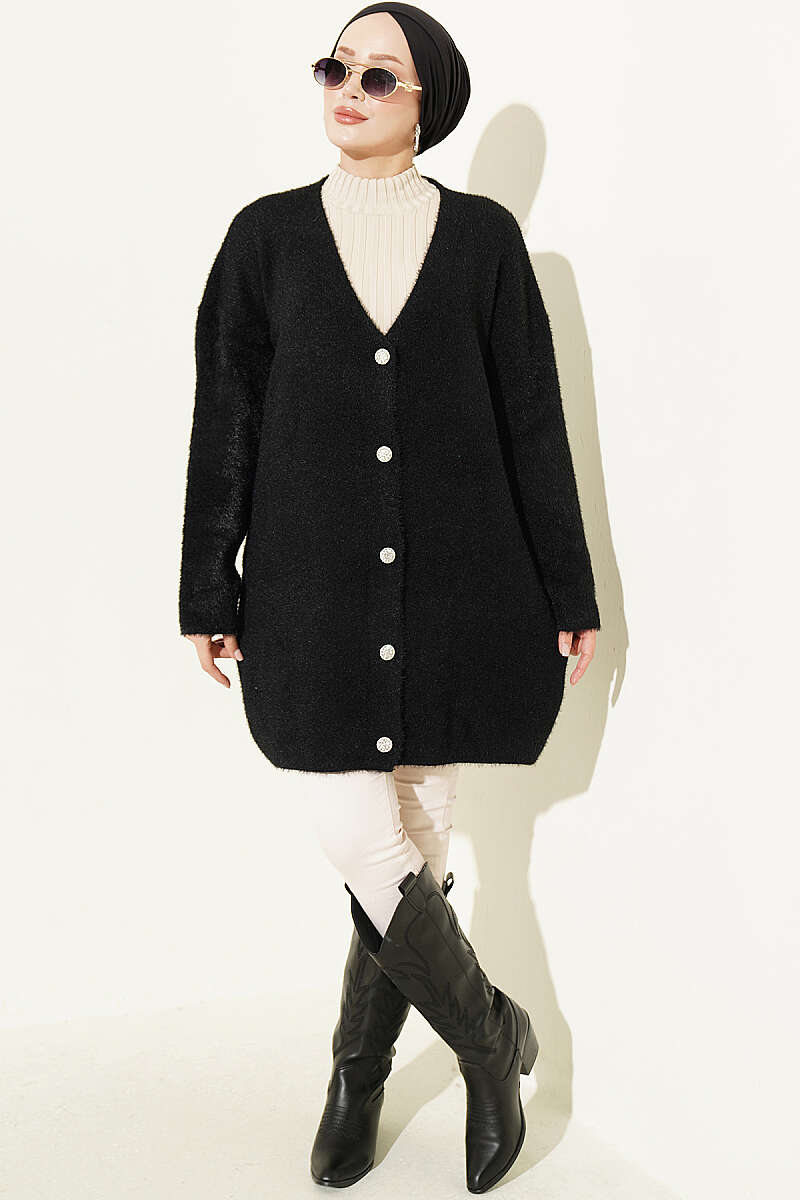 Long V-Neck Brushed Button Cardigan - Black