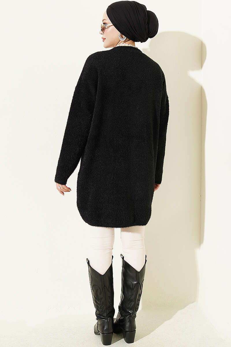 Long V-Neck Brushed Button Cardigan - Black