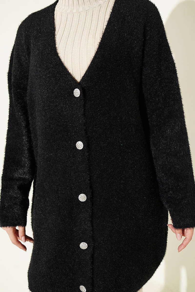 Long V-Neck Brushed Button Cardigan - Black