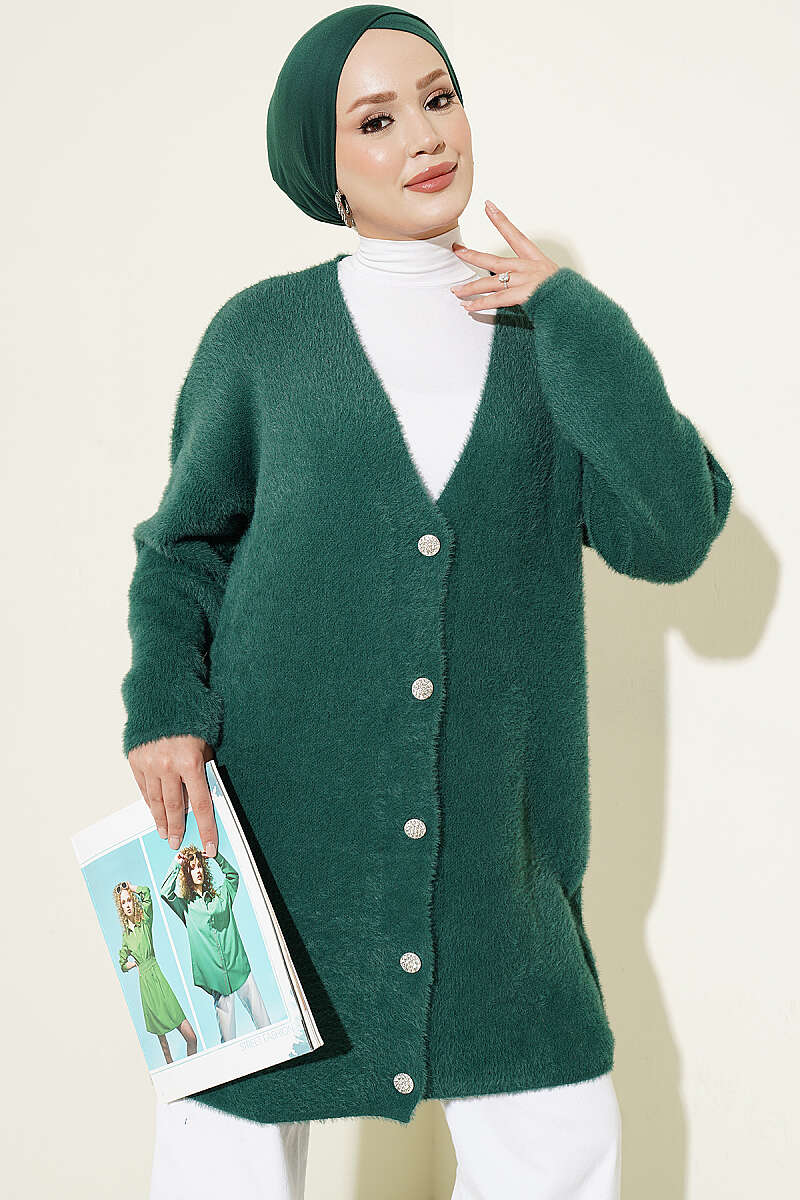 Long V-Neck Brushed Button Cardigan - Green