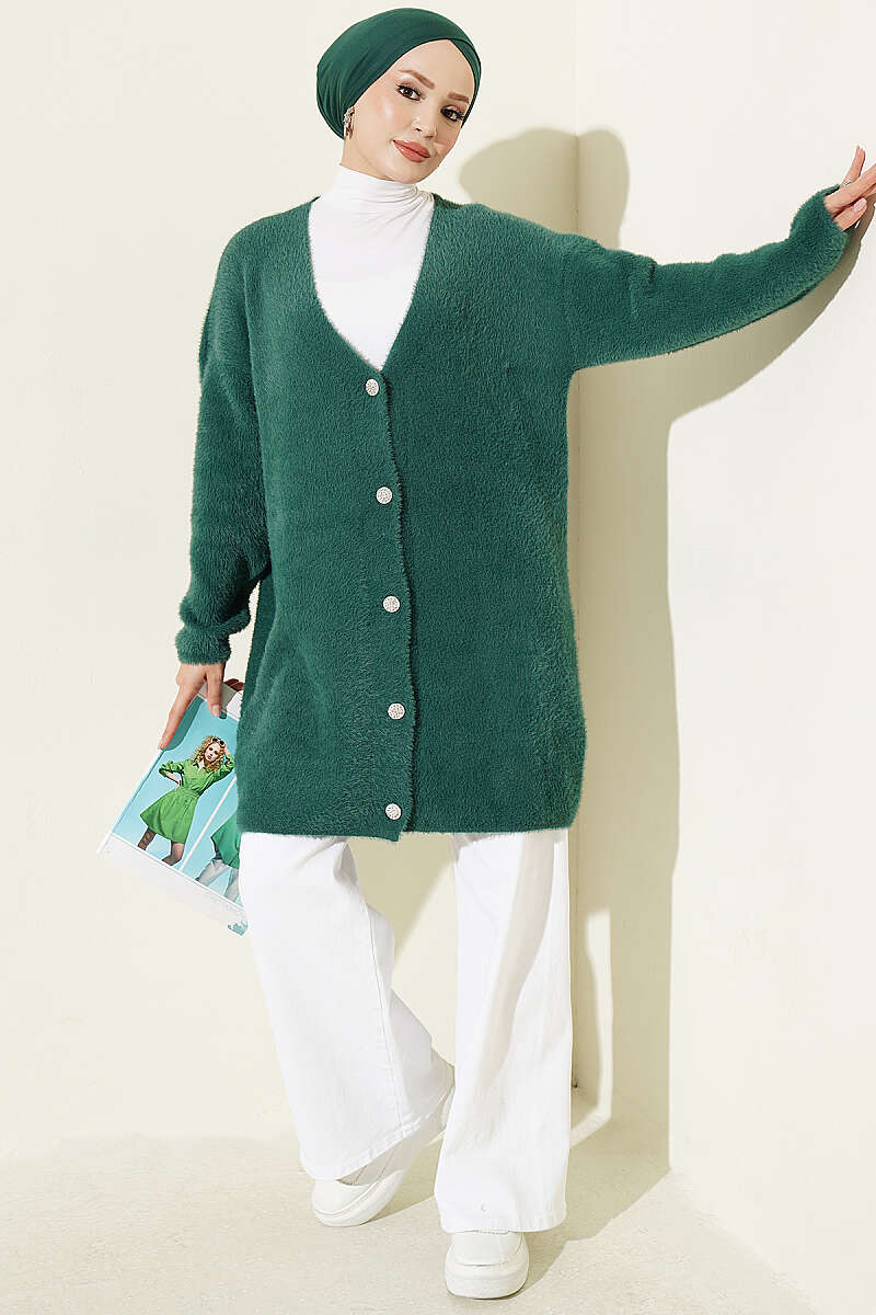 Long V-Neck Brushed Button Cardigan - Green
