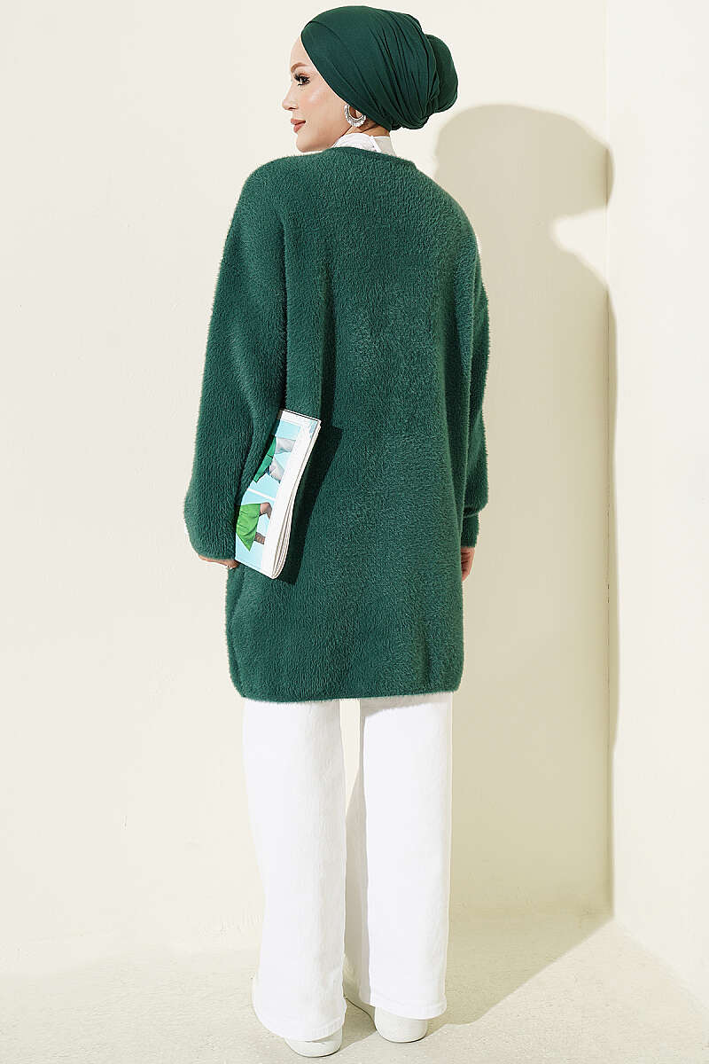 Long V-Neck Brushed Button Cardigan - Green