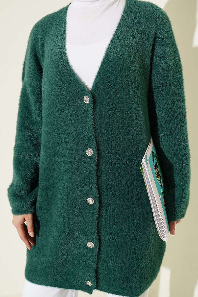 Long V-Neck Brushed Button Cardigan - Green