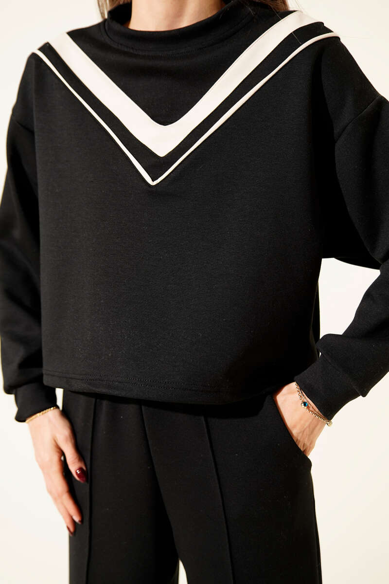 V-Neck Striped Sweatshirt Set - Black