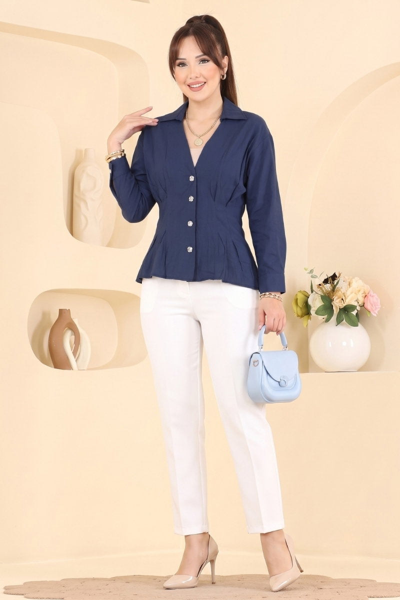 Elegant V-Neck Shirt - Navy