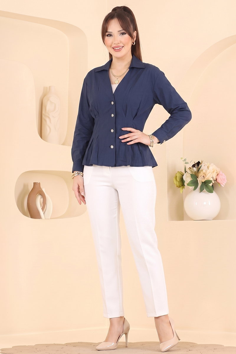 Elegant V-Neck Shirt - Navy