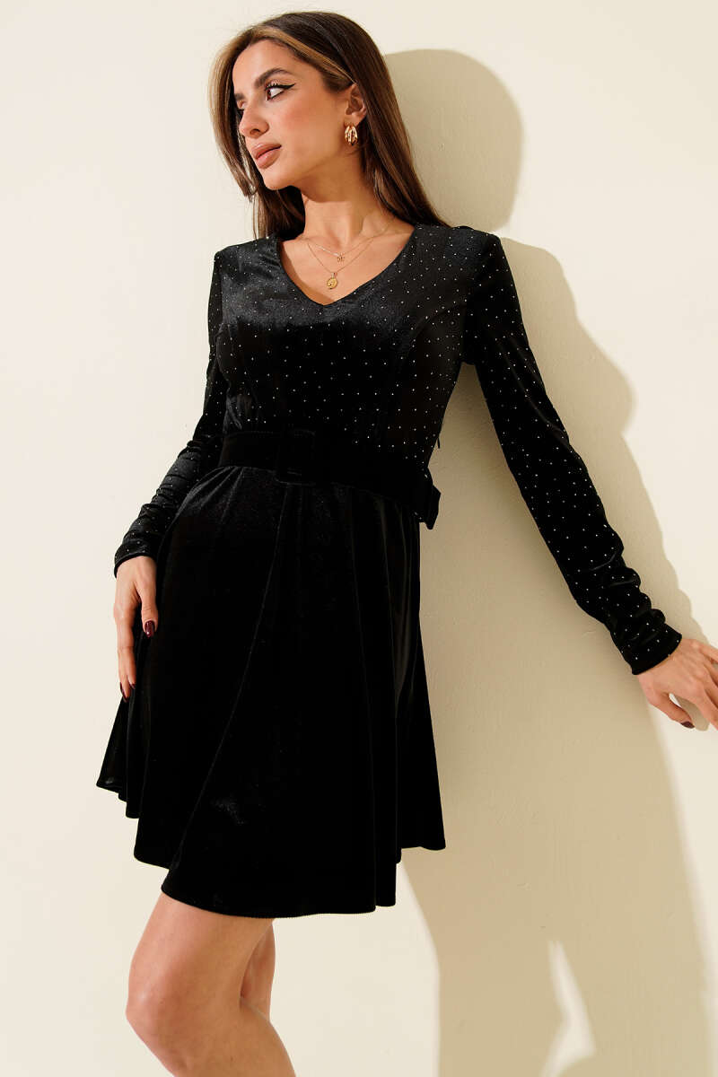 V-Neck Velvet Mini Dress with Stones - Black