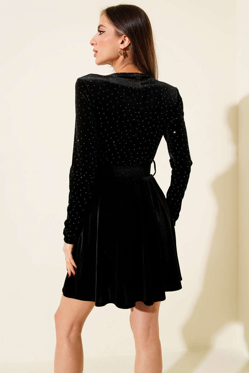 V-Neck Velvet Mini Dress with Stones - Black