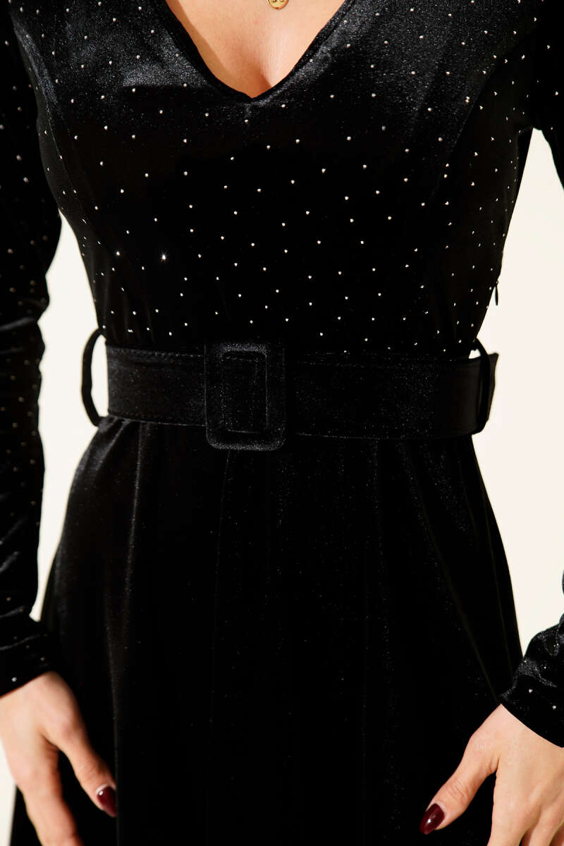 V-Neck Velvet Mini Dress with Stones - Black