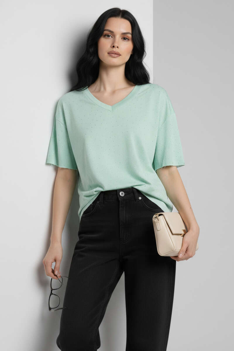 V-Neck T-Shirt with Stones - Mint