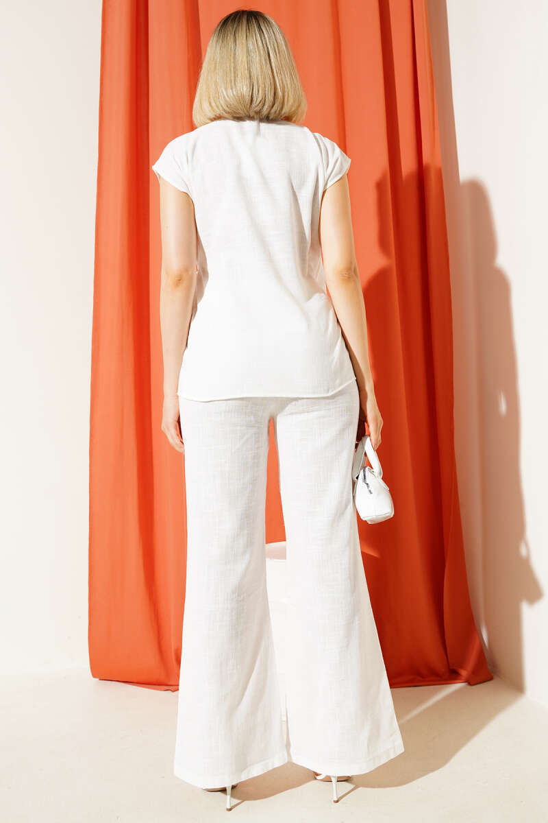 V-Neck Side-Tie Linen Two-Piece Set - White