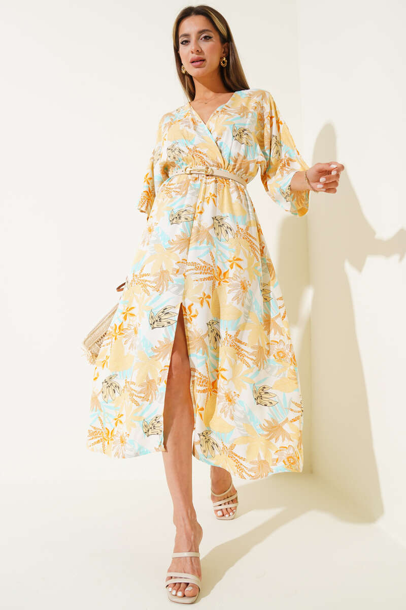 V-Neck Leaf Print Dress with Elastic Waist - Mustard