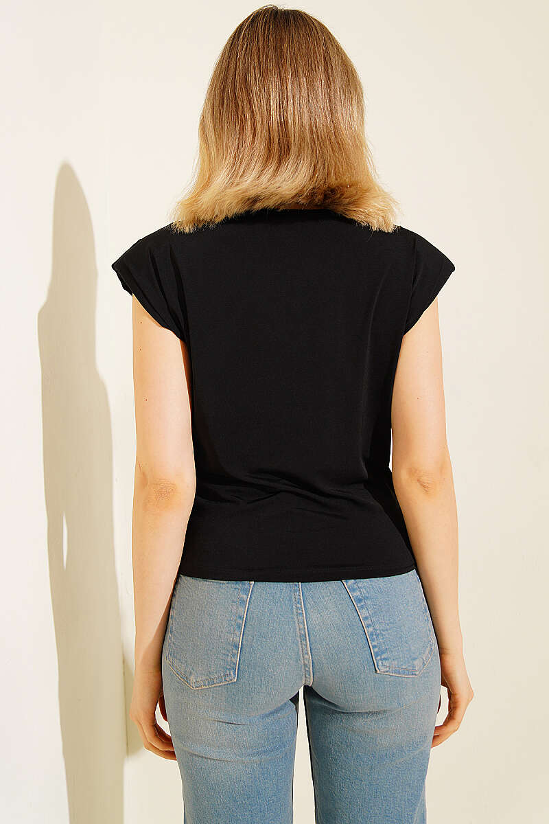 Sleeveless Cowl-Neck Sandy Blouse with Shoulder Pads - Black