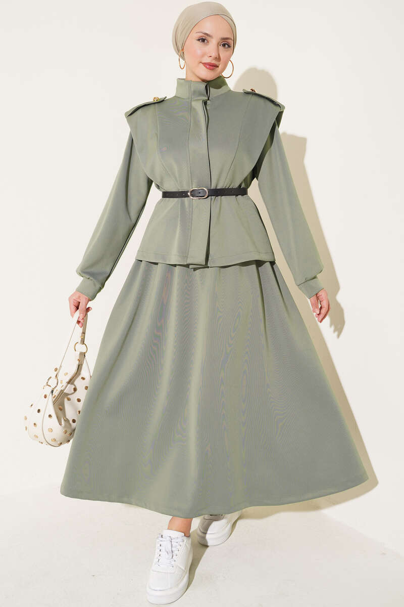 Belted Scuba Skirt Two-Piece Set with Shoulder Pads - Khaki