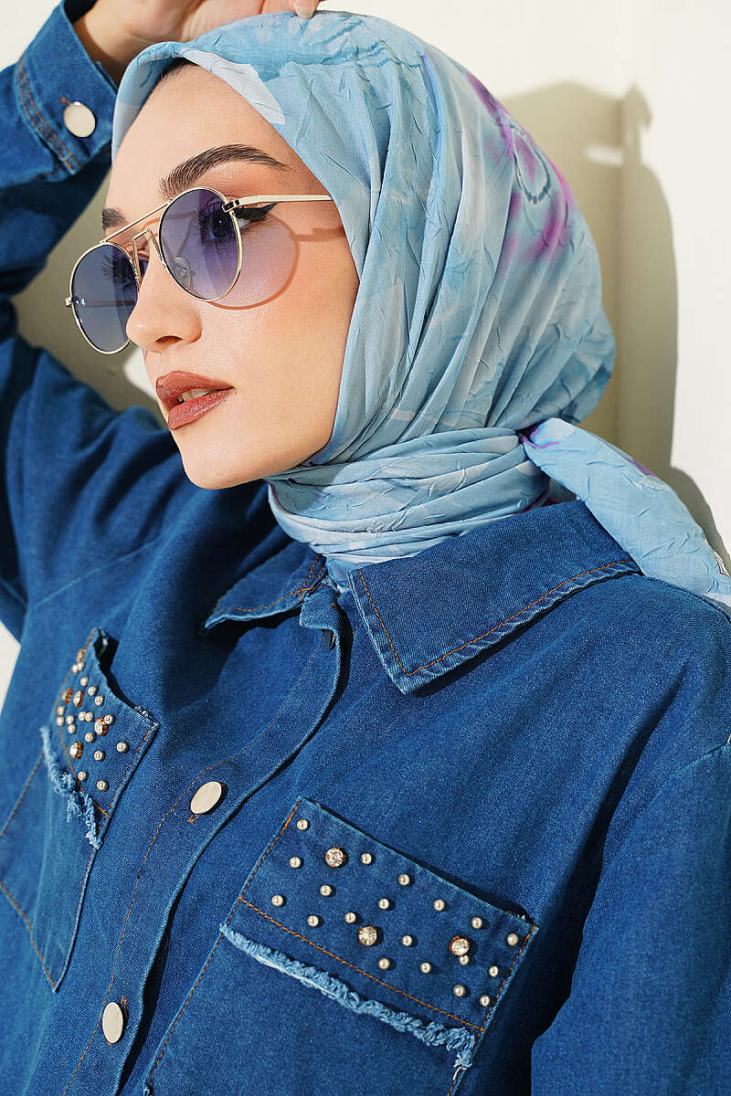 Verona Print Bamboo Crinkle Scarf - Light Blue