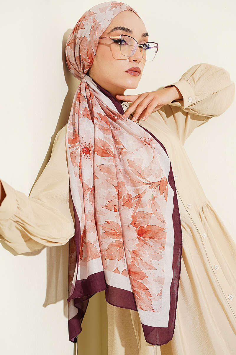 Pastel Floral Bamboo Crinkle Shawl - Plum