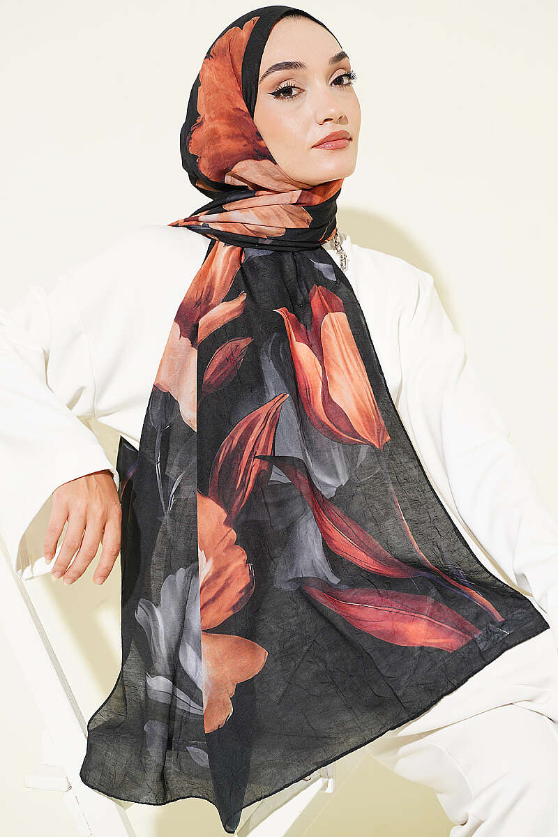 Viona Bamboo Crinkle Shawl - Black-Orange