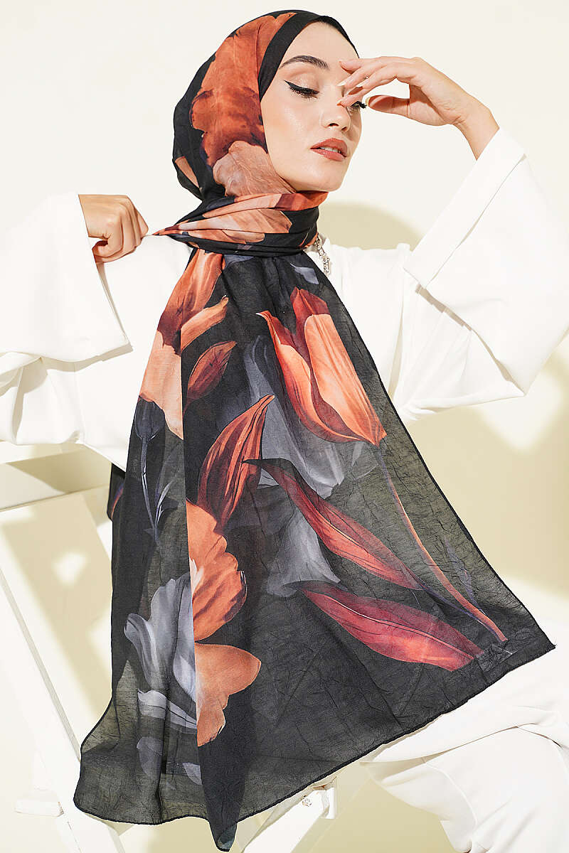 Viona Bamboo Crinkle Shawl - Black-Orange