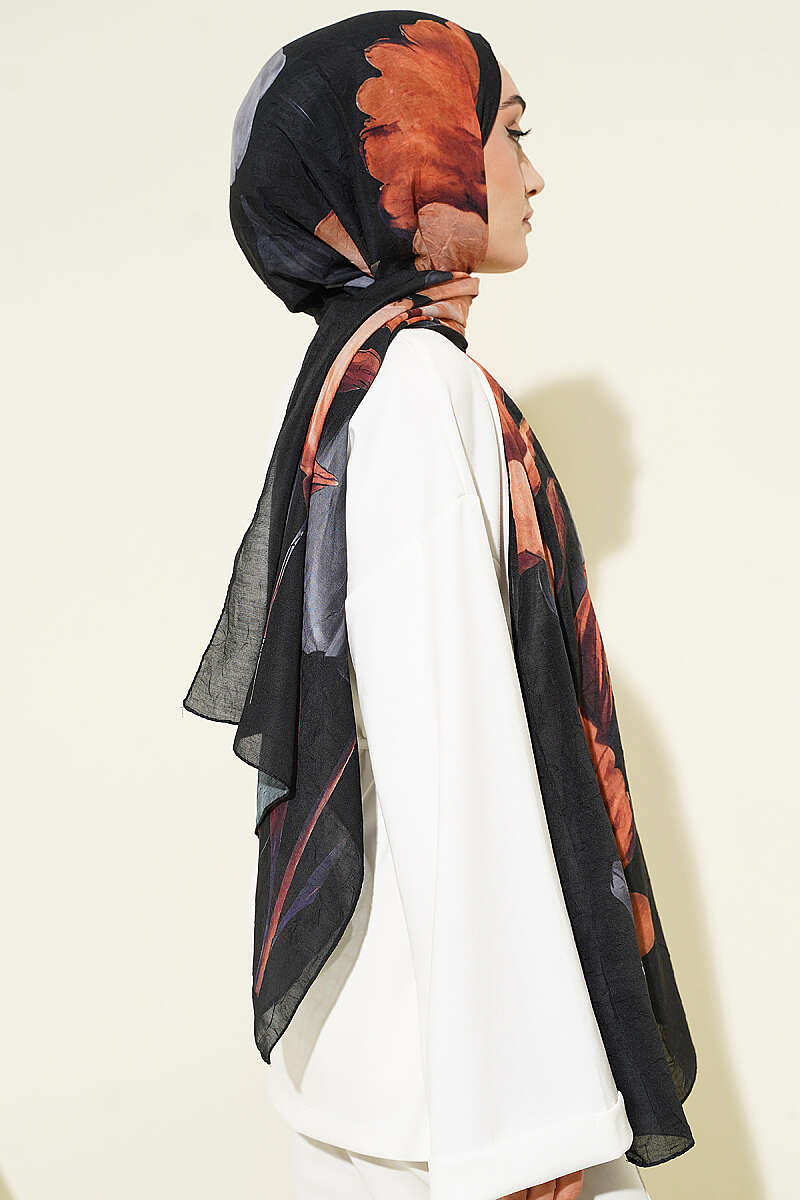 Viona Bamboo Crinkle Shawl - Black-Orange