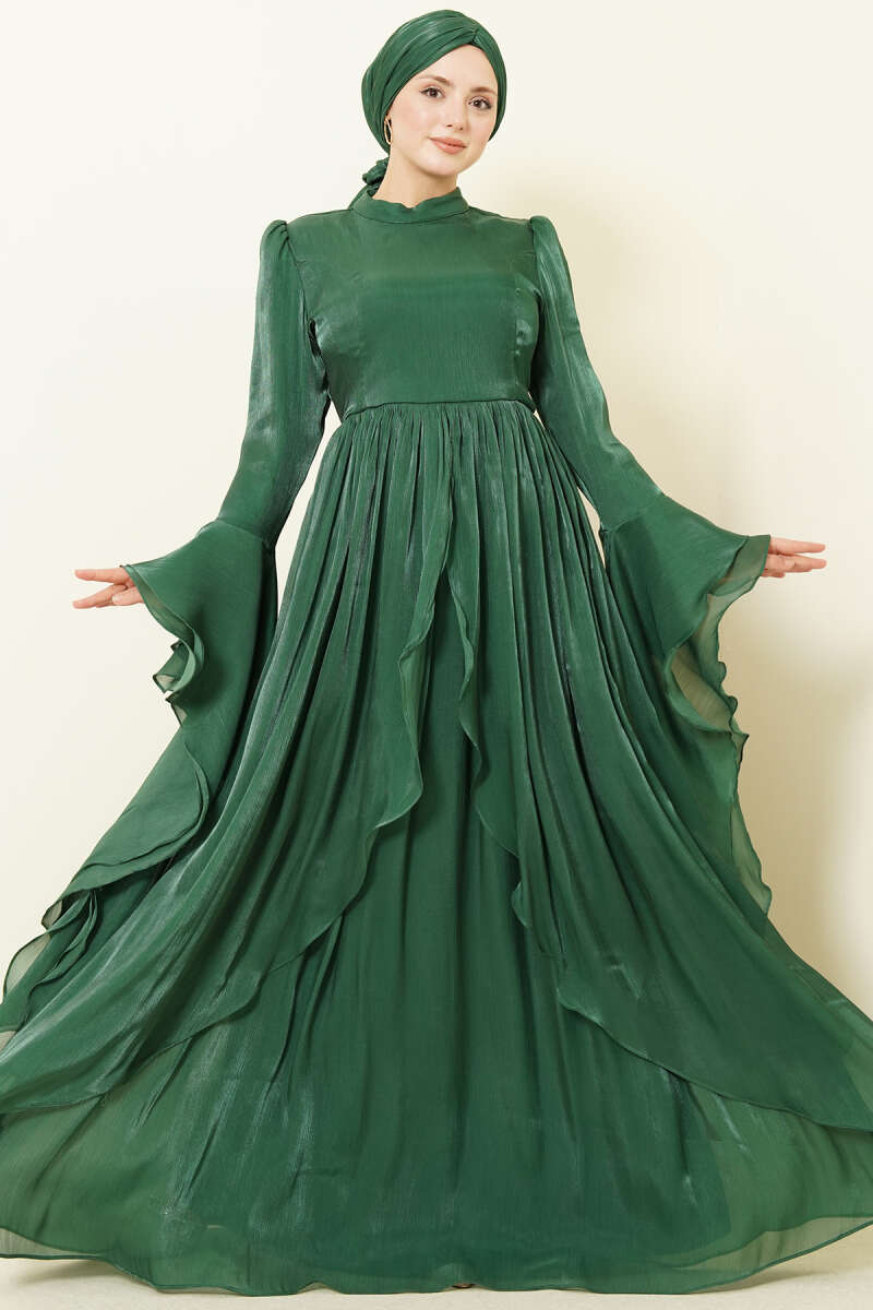 Draped Ruffle Evening Dress with Flounce - Emerald