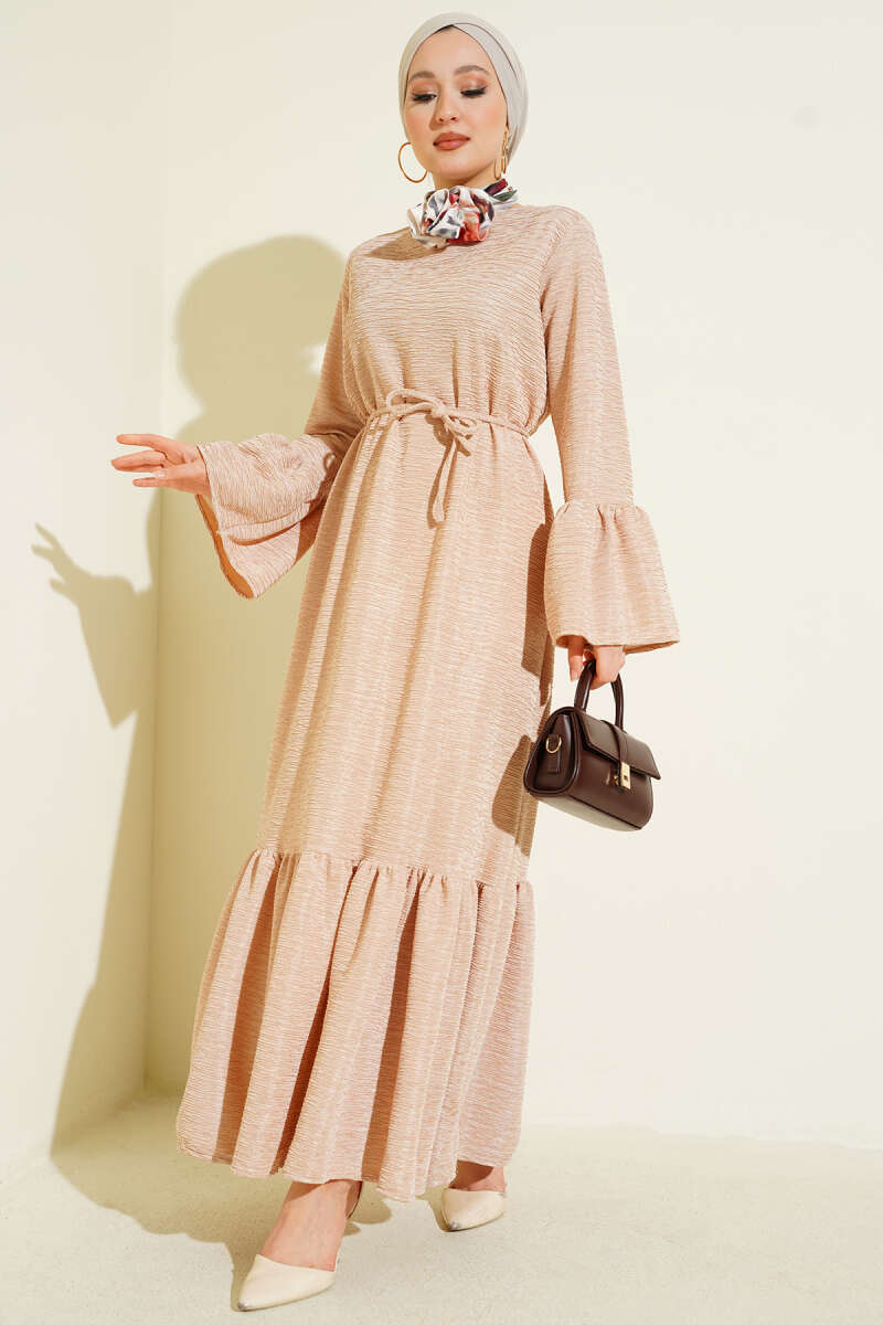 Flounced Knit Dress with Drop Pattern - Beige