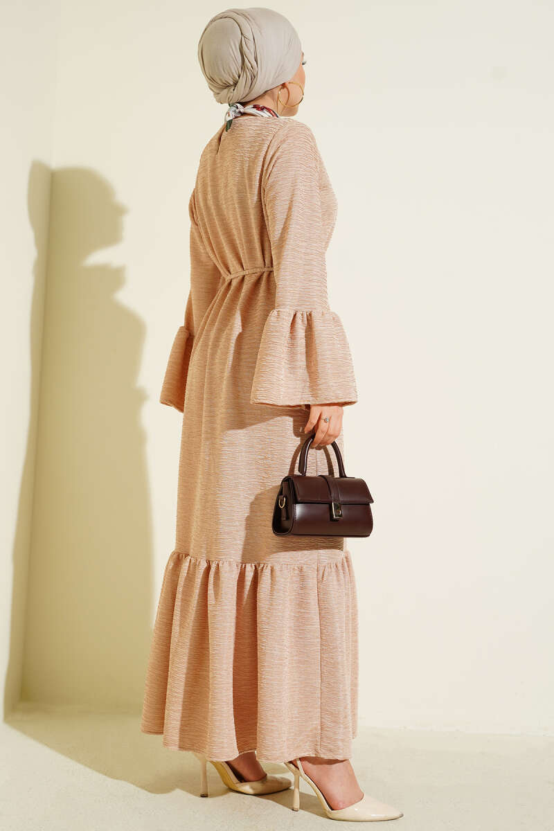 Flounced Knit Dress with Drop Pattern - Beige