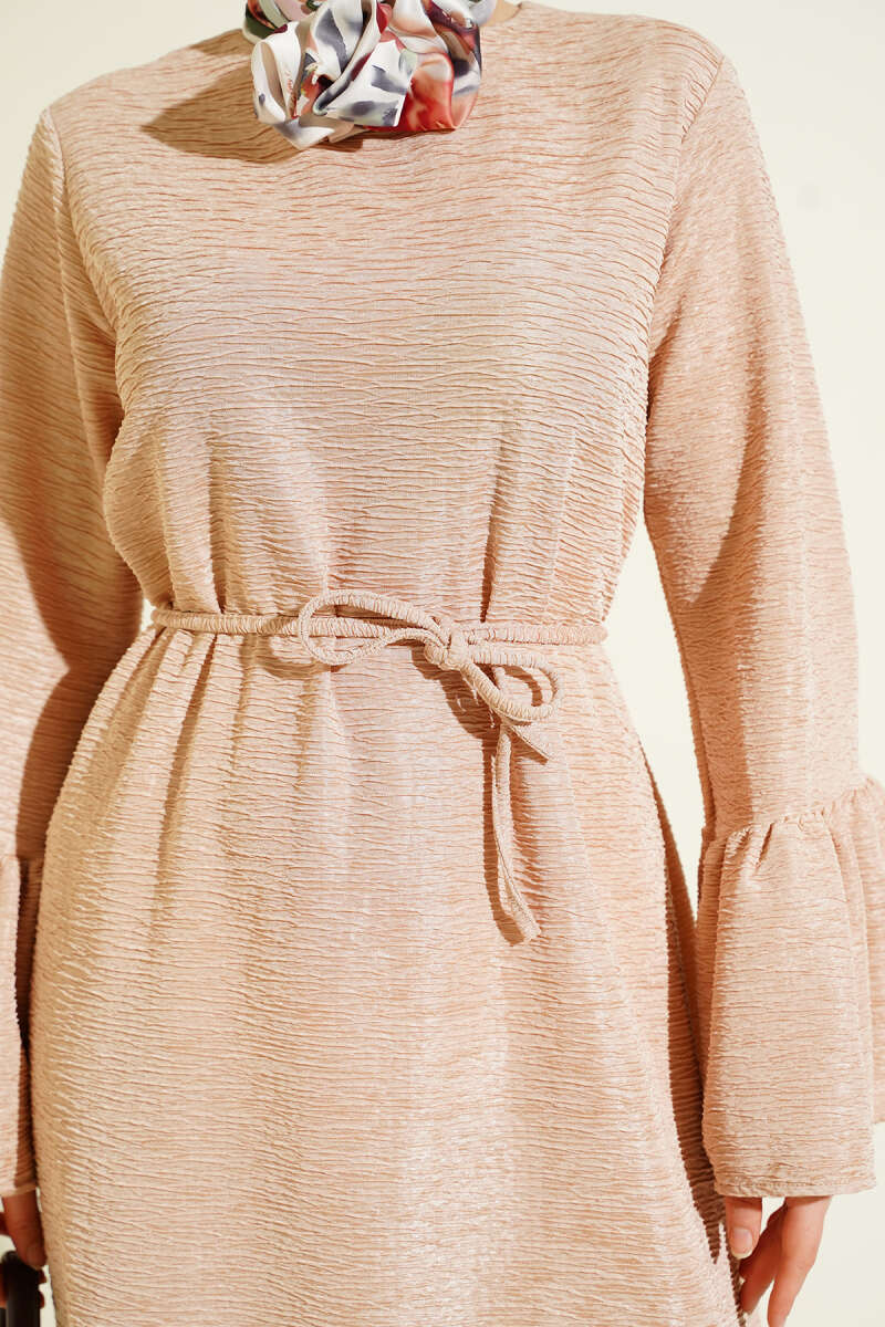 Flounced Knit Dress with Drop Pattern - Beige