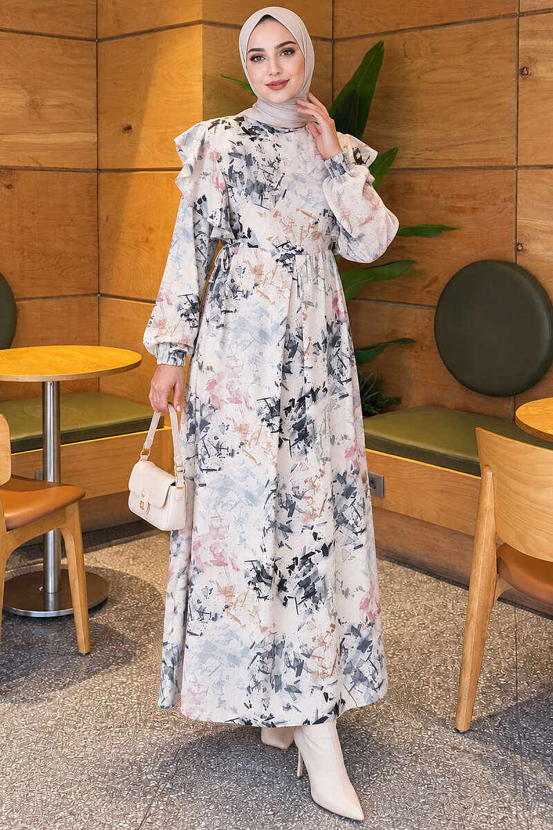 Ruffled Patterned Dress with Tie Cord - Ecru
