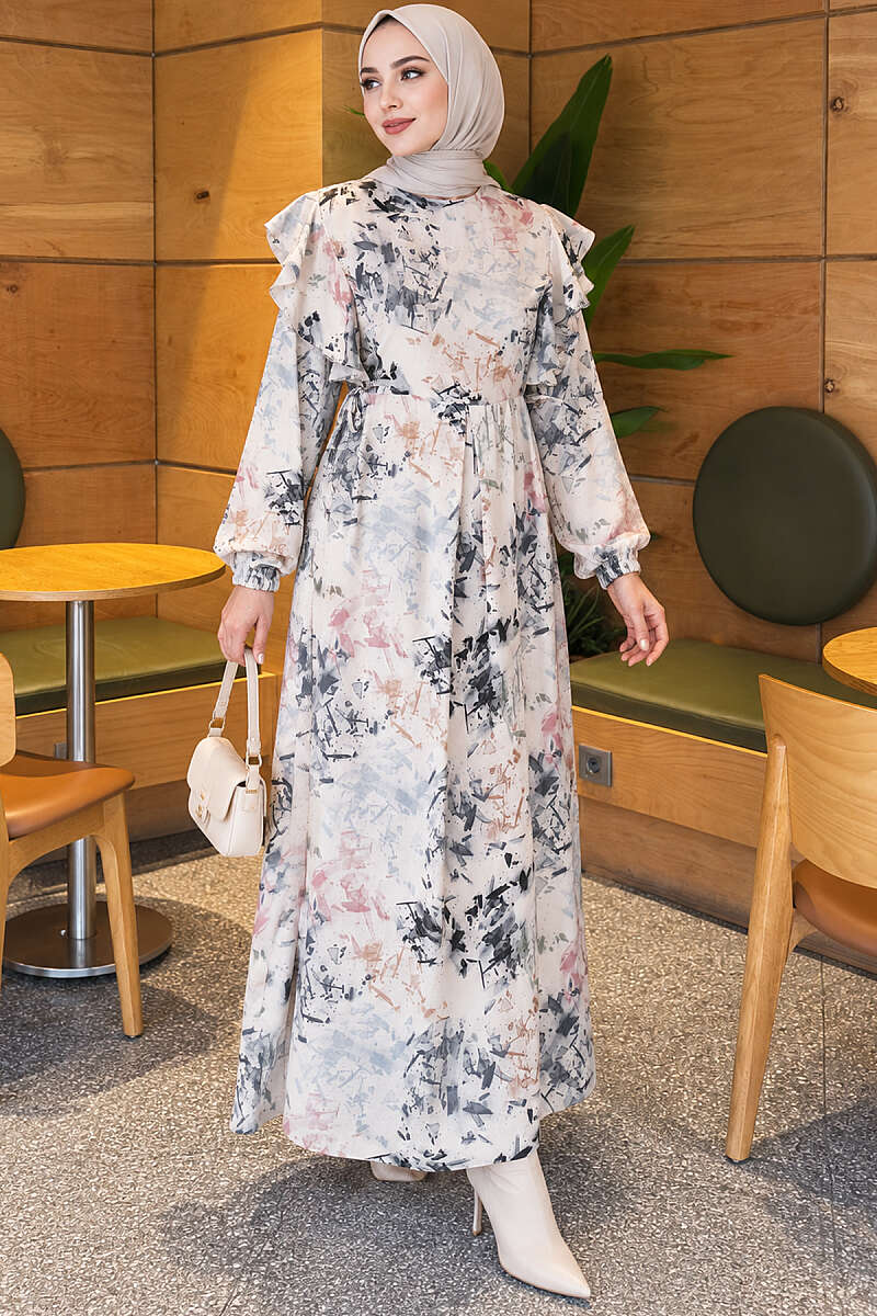 Ruffled Patterned Dress with Tie Cord - Ecru
