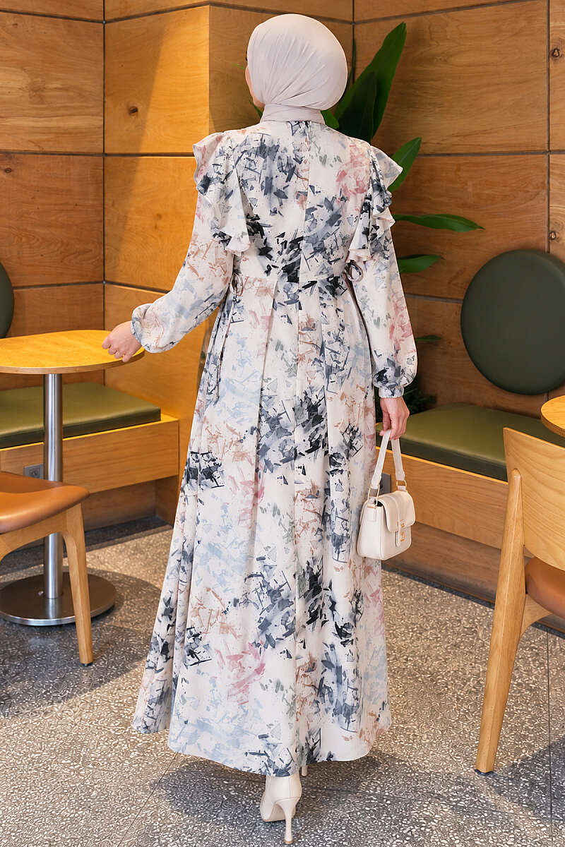 Ruffled Patterned Dress with Tie Cord - Ecru