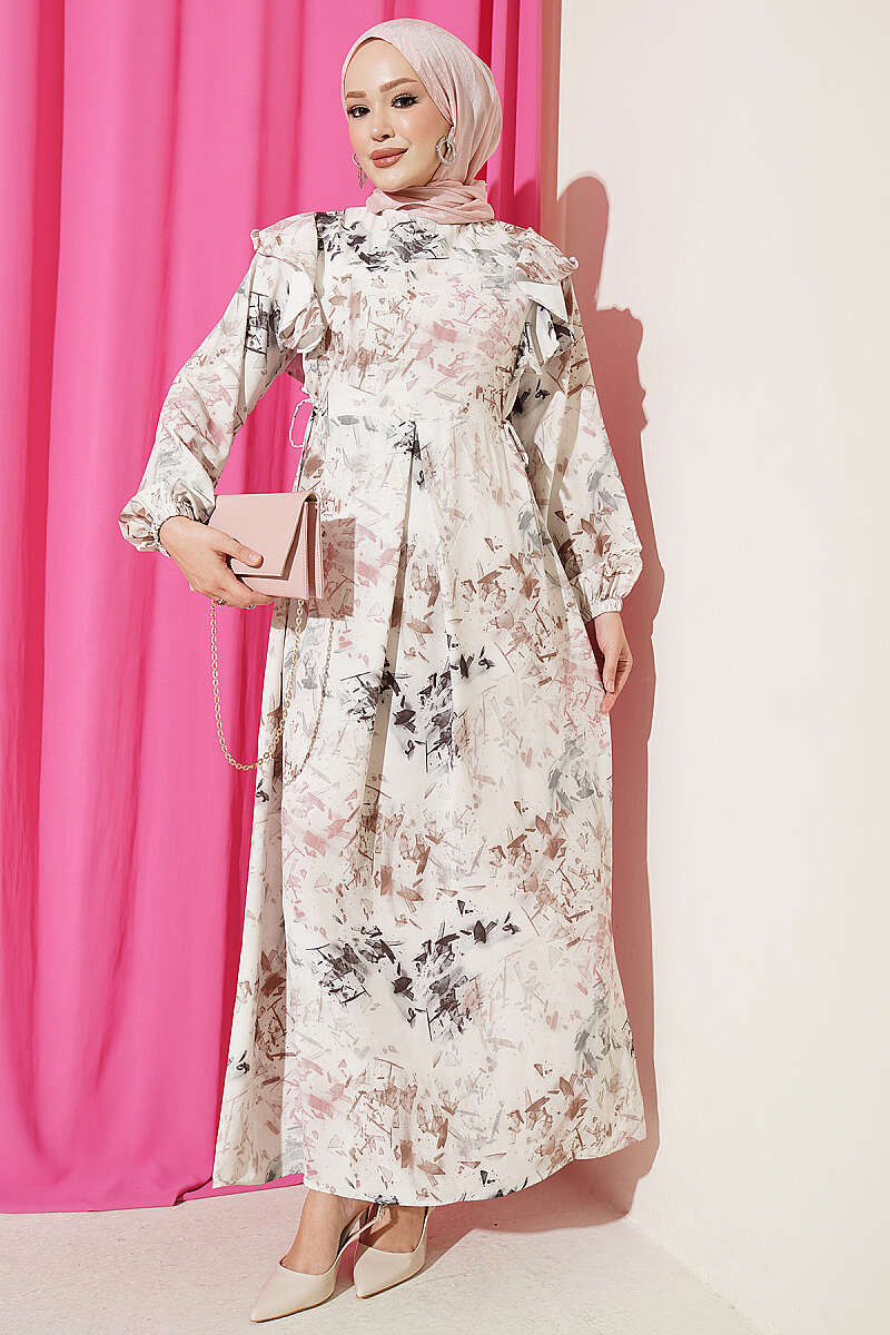 Ruffled Patterned Dress with Tie Cord - Stone