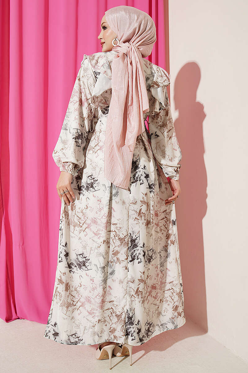Ruffled Patterned Dress with Tie Cord - Stone