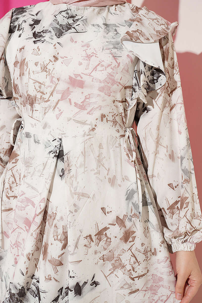 Ruffled Patterned Dress with Tie Cord - Stone