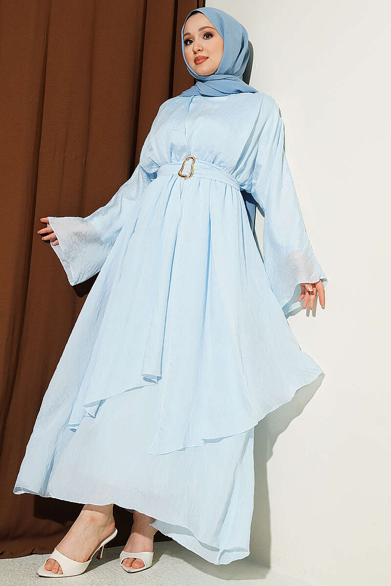 Belted Ruffle-Detail Dress - Light Blue