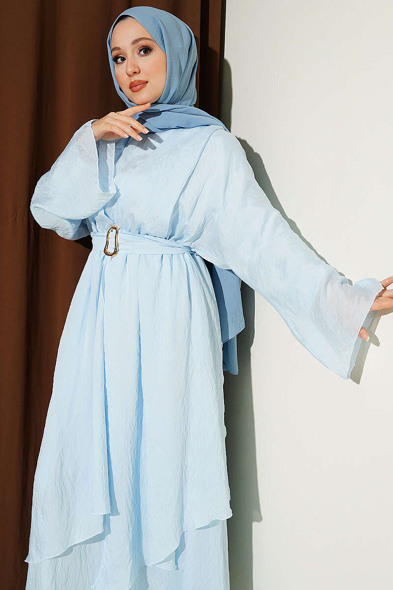 Belted Ruffle-Detail Dress - Light Blue