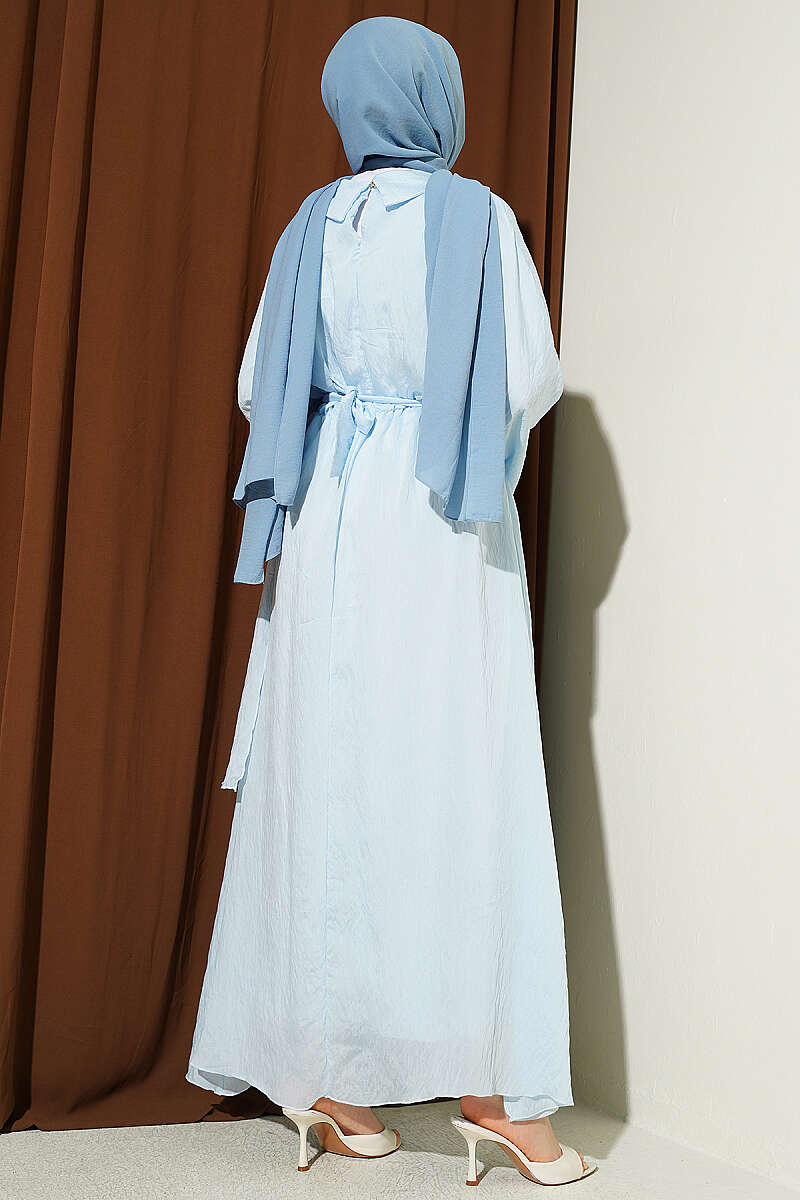 Belted Ruffle-Detail Dress - Light Blue