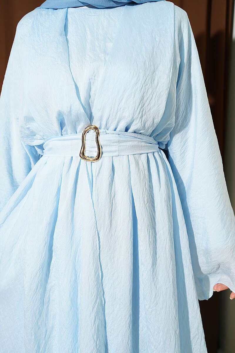 Belted Ruffle-Detail Dress - Light Blue