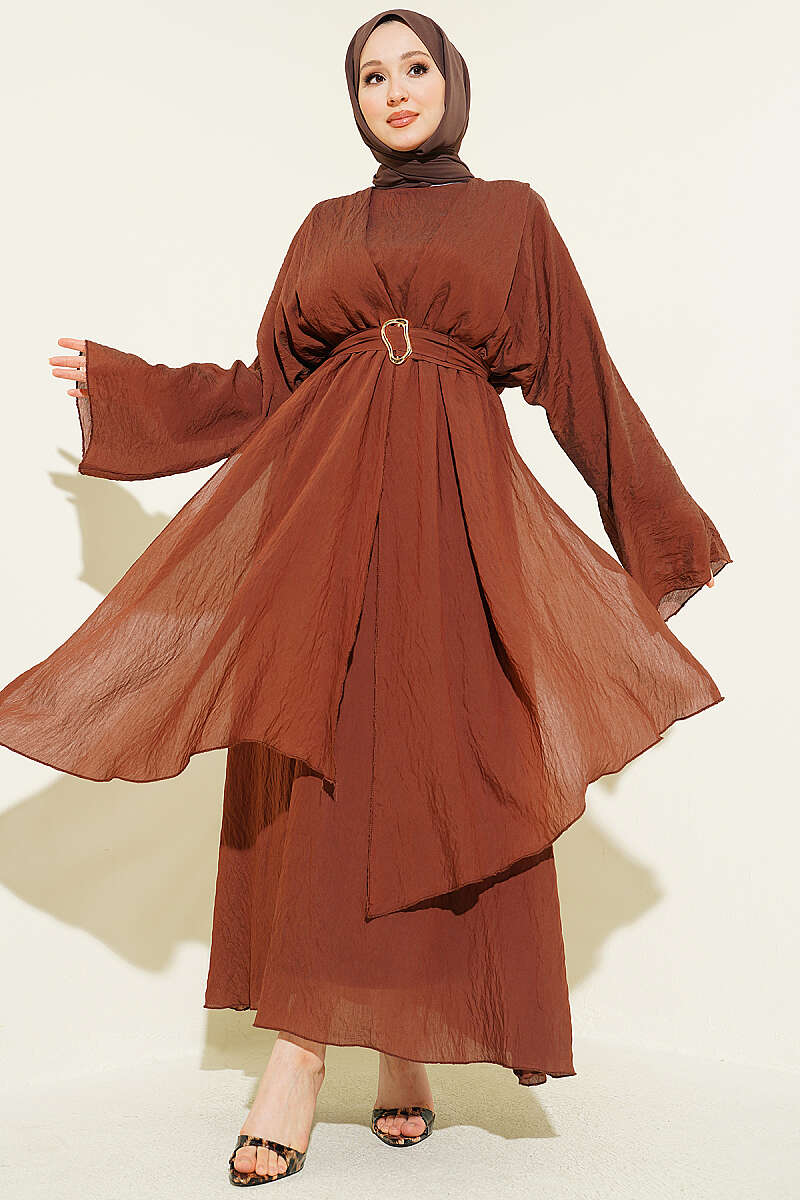 Belted Ruffle-Detail Dress - Brown