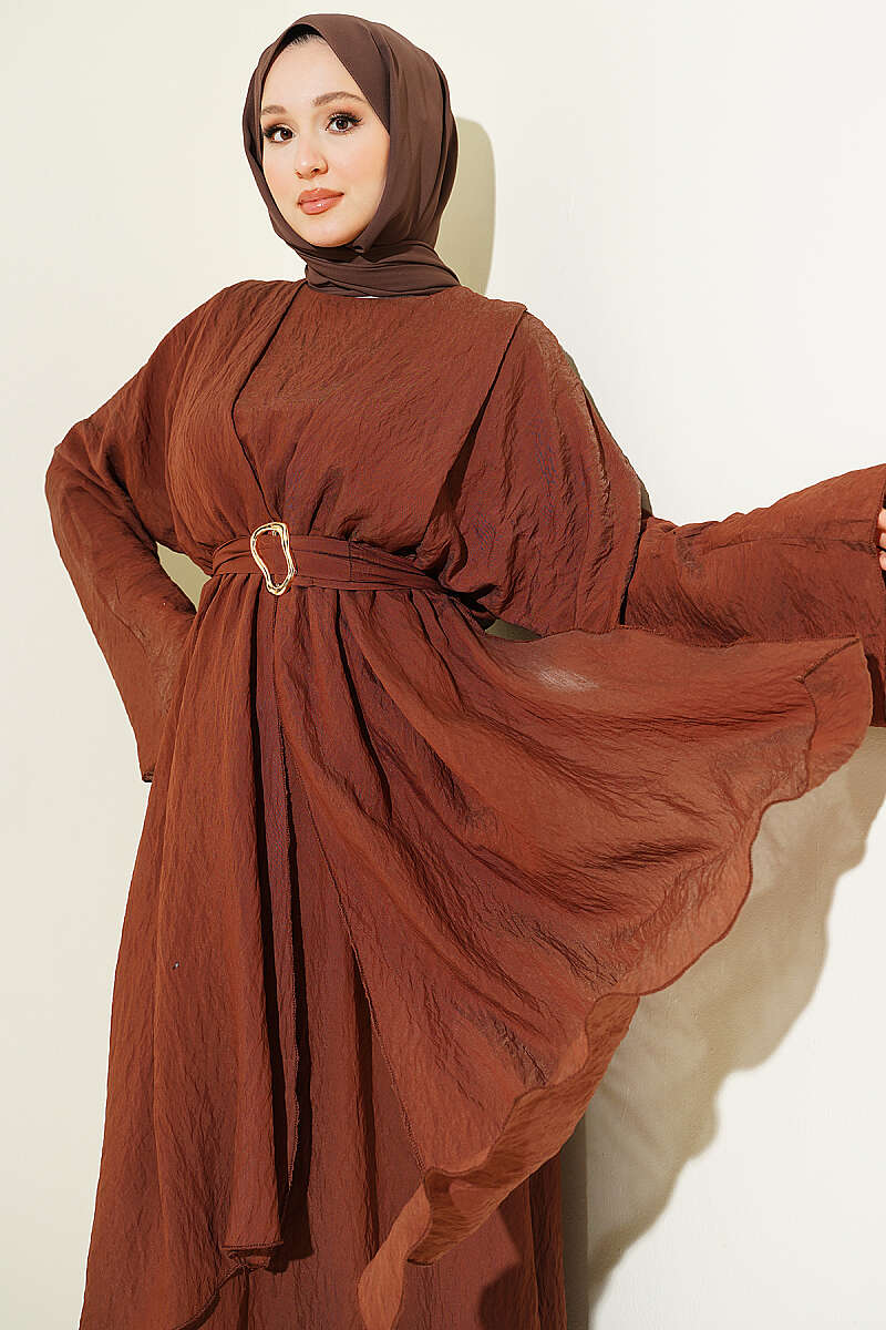 Belted Ruffle-Detail Dress - Brown