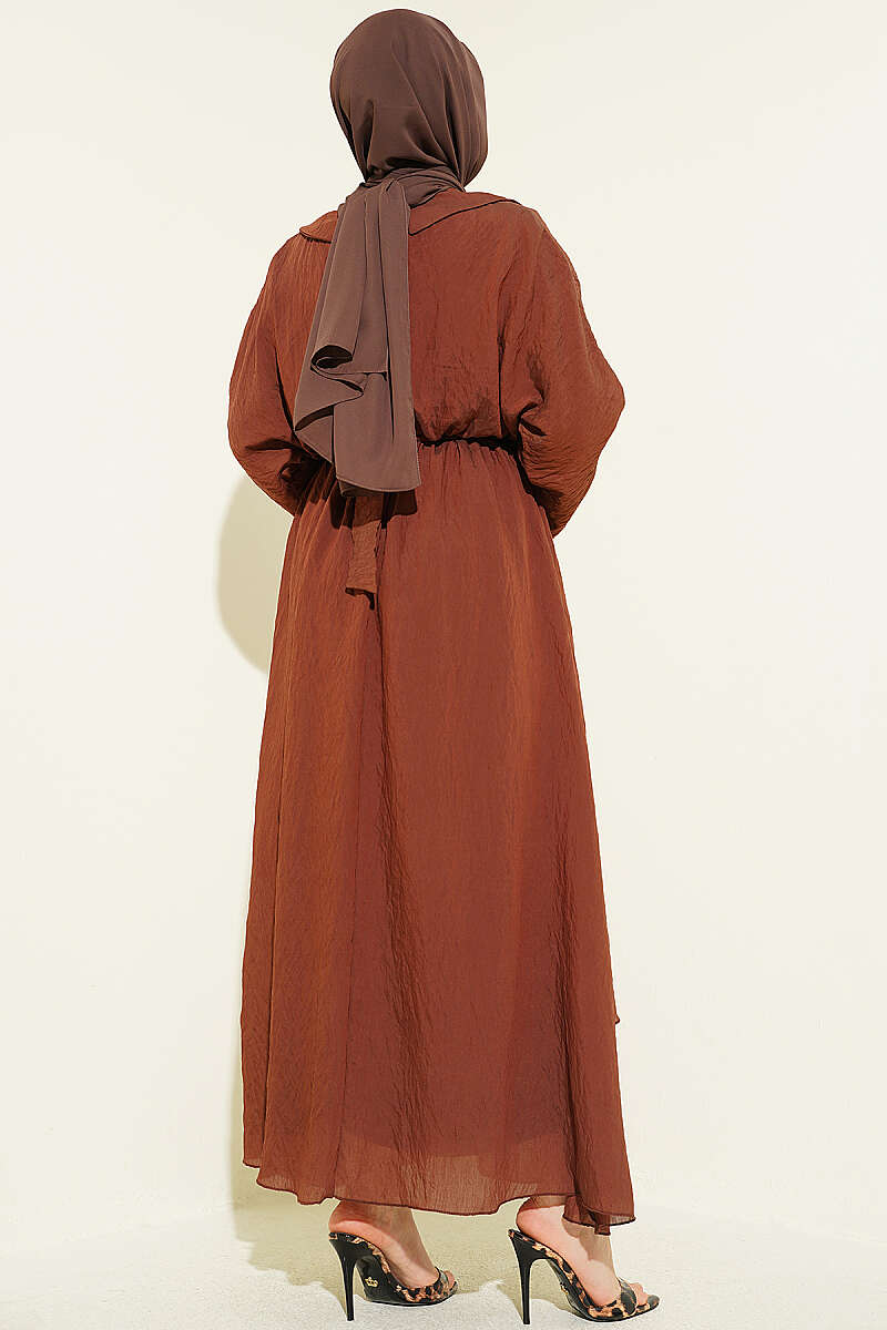 Belted Ruffle-Detail Dress - Brown