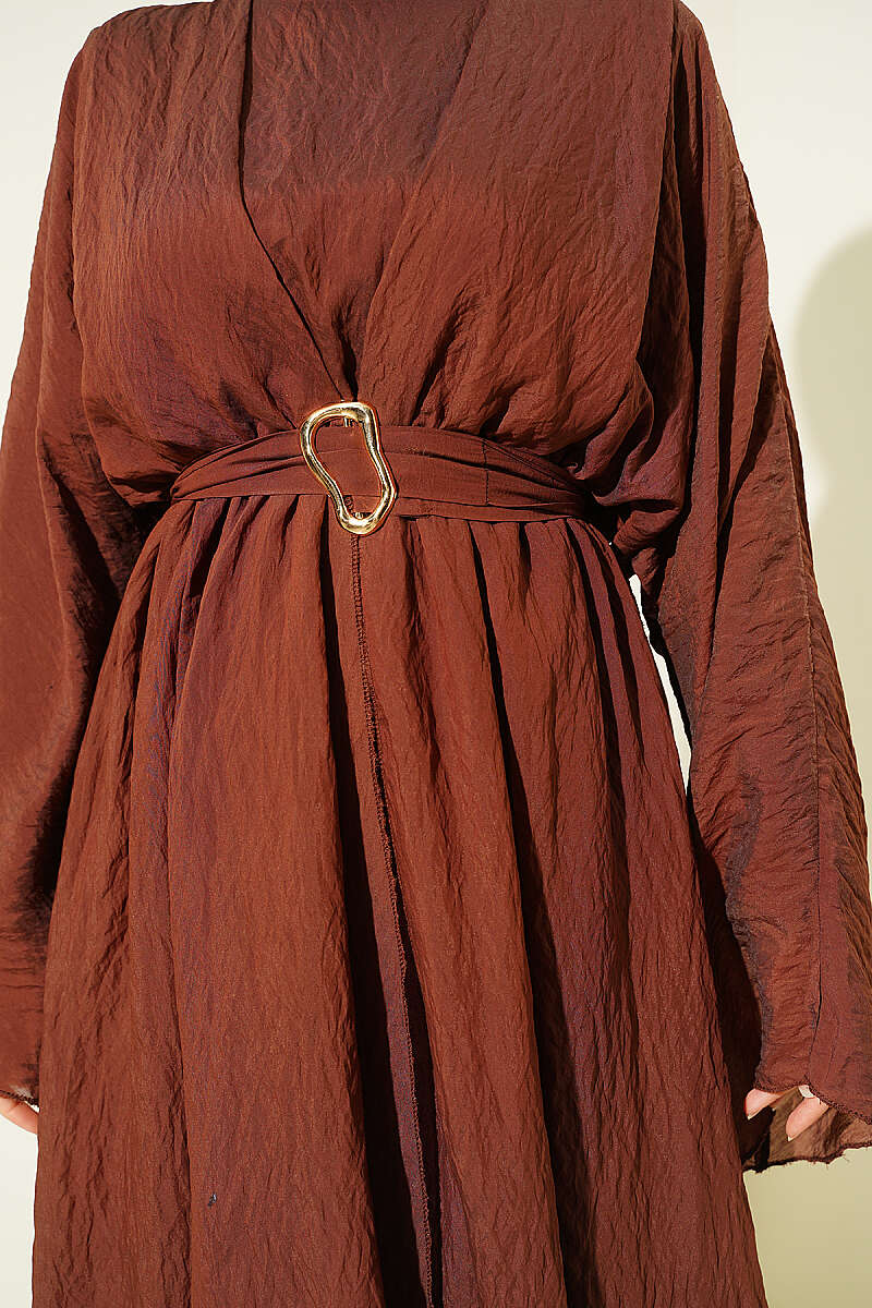 Belted Ruffle-Detail Dress - Brown